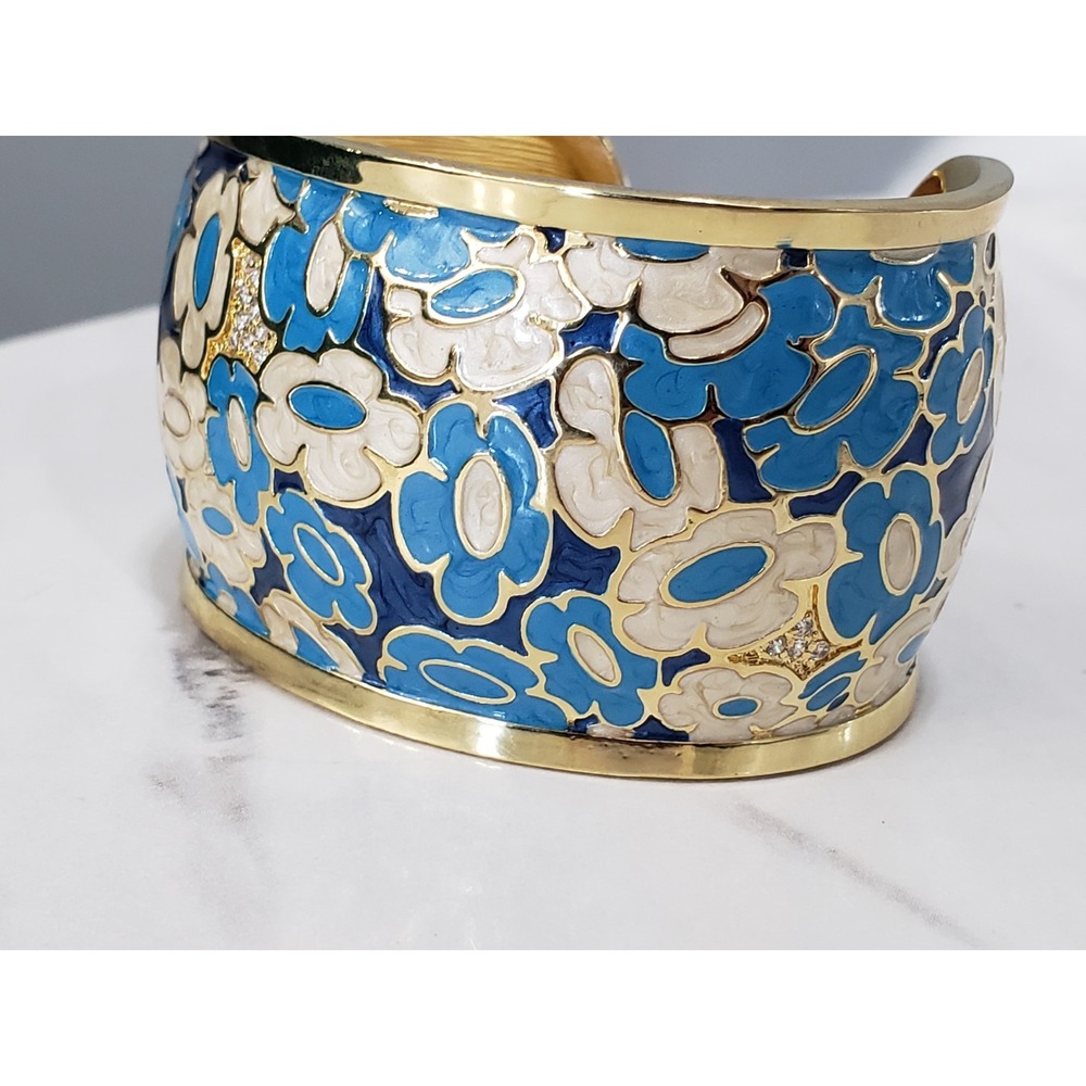 Lauren G Adams Blue Enamel Bangle Bracelet Thick Floral White Pave Statement